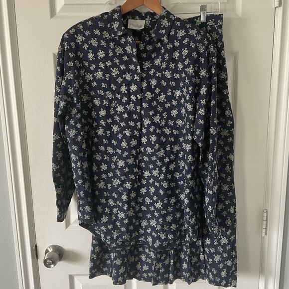 Vintage Nordstrom Womens Silk Blouse Top + Skirt Set Fits Medium Blue Floral - Picture 1 of 6